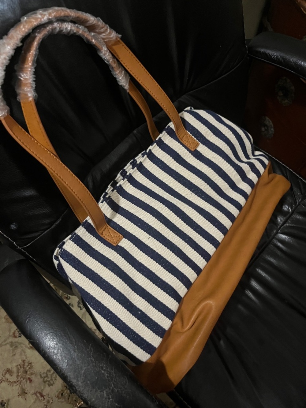 Street Level Navy and White Striped Tote with Brown Trim - bottom opens up
